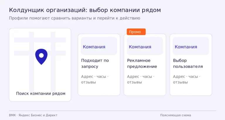 Условный локальный поиск: пин и три карточки компаний, одна с пометкой Промо
