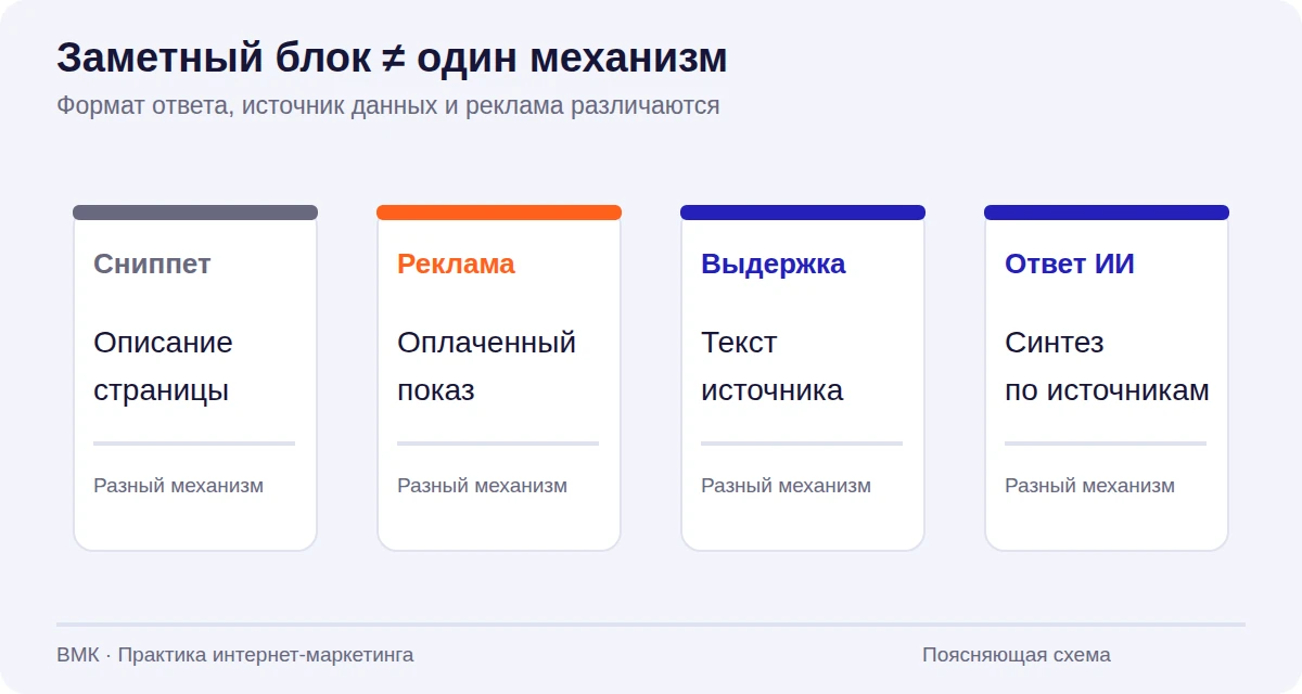Четыре карточки сравнивают описание страницы, оплаченный показ, выдержку из источника и ответ искусственного интеллекта