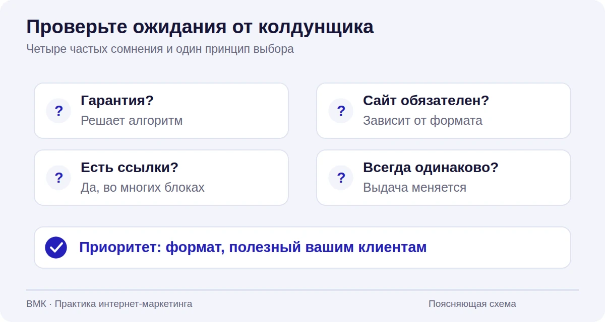 Четыре вопроса о гарантии, необходимости сайта, ссылках и изменениях выдачи; ниже принцип выбора полезного формата